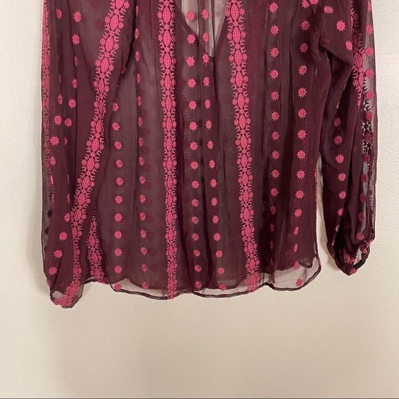ASO TVD ZOA Maroon 100% Silk Sheer Long Sleeve Blouse Top - Picture 7 of 10